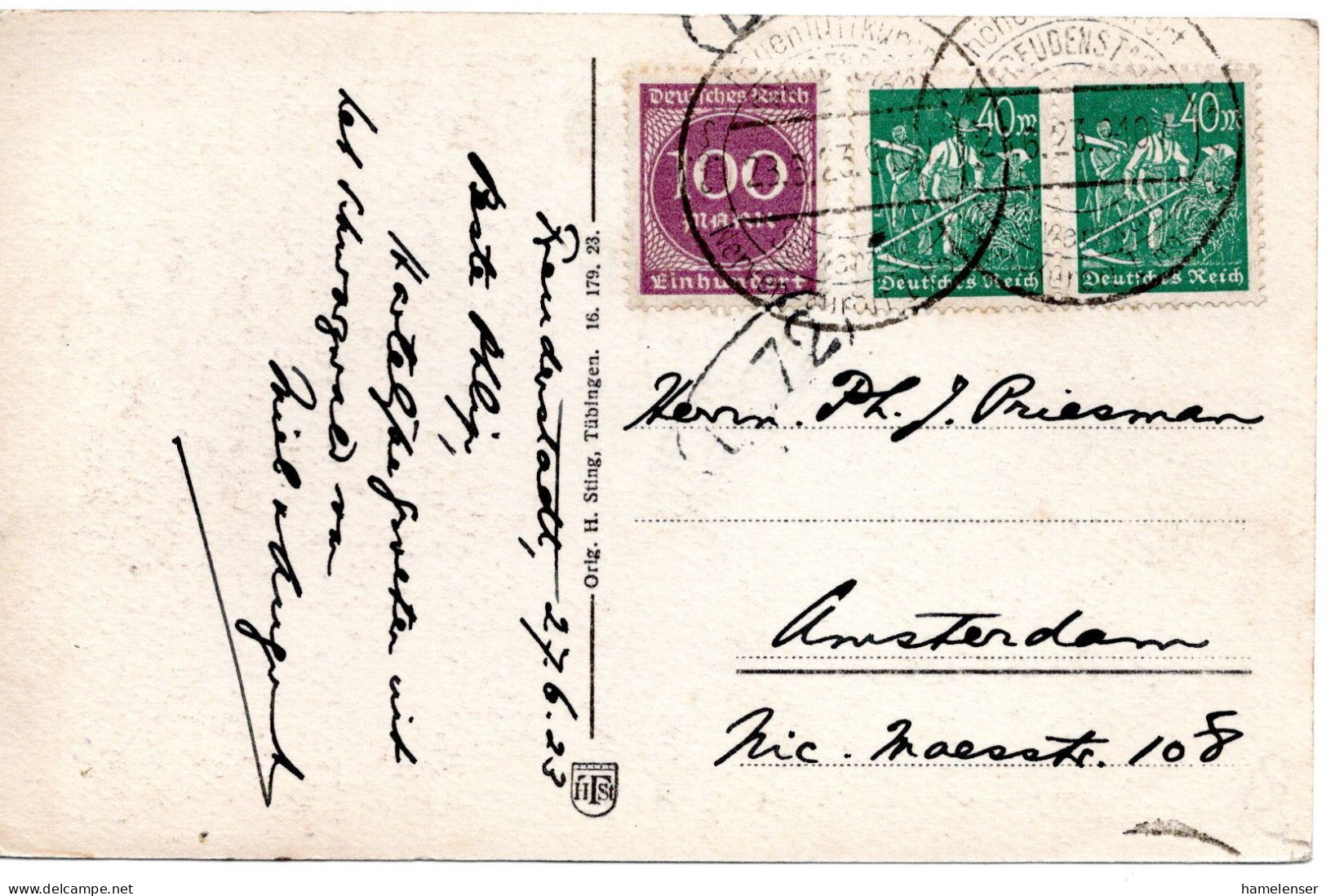 62308 - Deutsches Reich - 1923 - 100M Ziffer MiF A AnsKte FREUDENSTADT -> Niederlande - Lettres & Documents