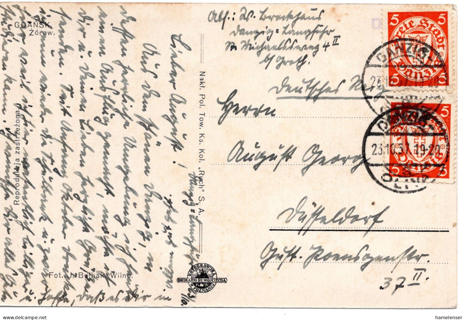 62309 - Deutsches Reich / Danzig - 1937 - 2@5Pfg Rollenzaehnung A AnsKte DANZIG-OLIVA -> Duesseldorf - Storia Postale