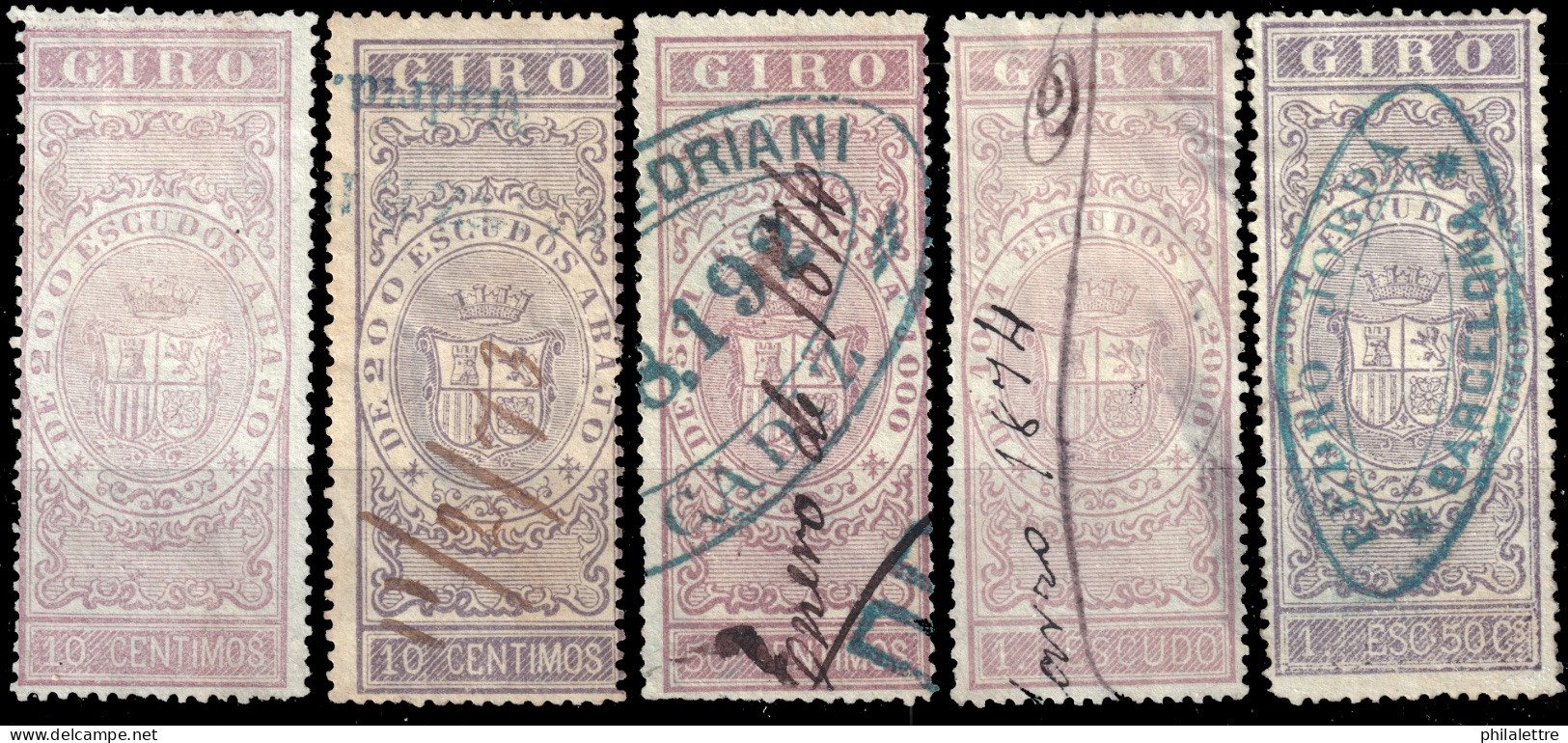 ESPAGNE / ESPANA / SPAIN - 1870 - SELLOS PARA GIRO 10c Sin Goma, 10c, 50c, 1Esc. & 1,50Esc.uso Fiscal Ed.43, 43a, 44/46 - Fiscaux