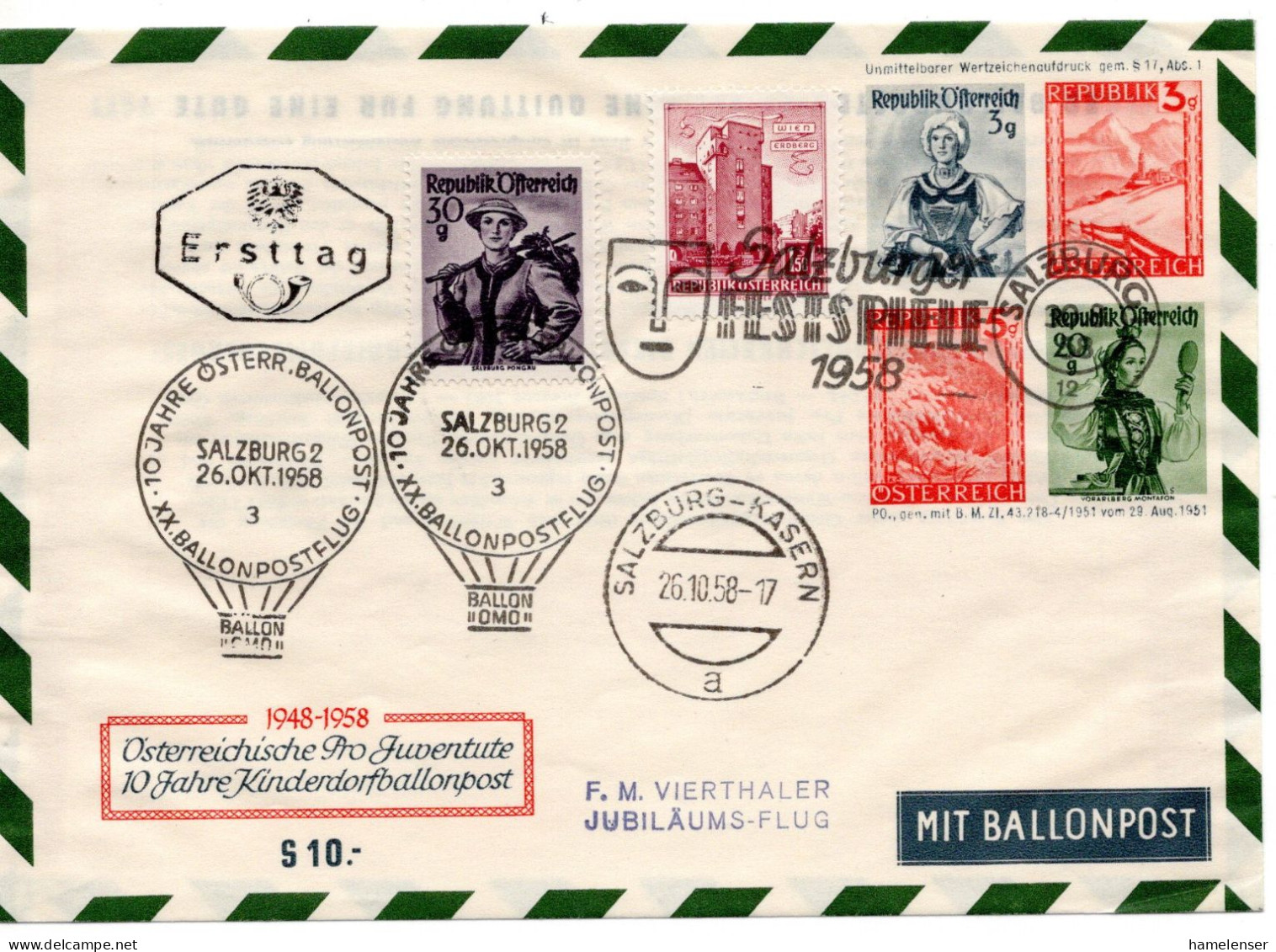 62318 - Österreich - 1958 - 20g Trachten Etc PGALpUmschlag M ZusFrankatur SoStpl SALZBURG - XX.BALLONPOSTFLUG ... - Omslagen