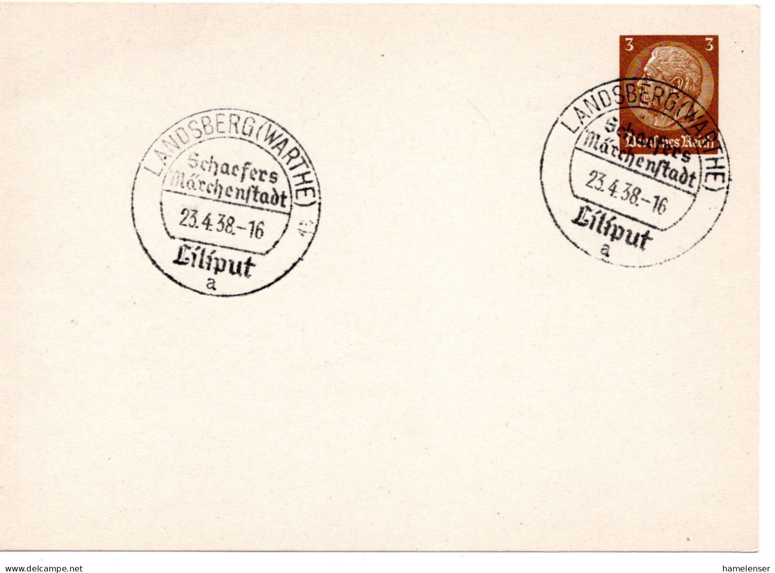 62325 - Deutsches Reich - 1938 - 3Pfg Hindenburg PGAKte SoStpl LANDSBERG (WARTHE) - SCHAEFERS MAERCHENSTADT LILIPUT - Private Postal Stationery