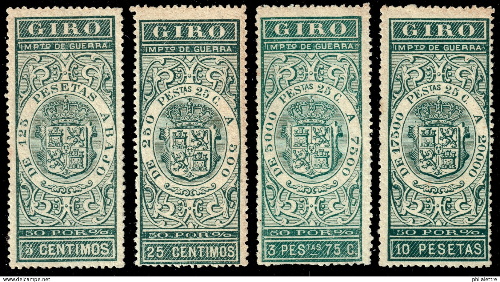 ESPAGNE / ESPANA / SPAIN - 1876 - SELLOS PARA GIRO Ed.90, 92, 96 Y 101 (5c, 25c, 3,75P & 10P) Nuevo, Sin Goma - Fiscale Zegels