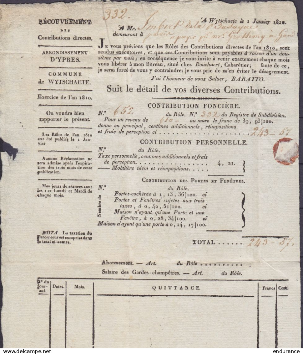L. "Recouvrement Des Contributions Directes" Datée 1 Janvier 1810 De WYTSCHAETE Pour GAND - Griffe "91/ YPRES" - 1794-1814 (Periodo Francese)