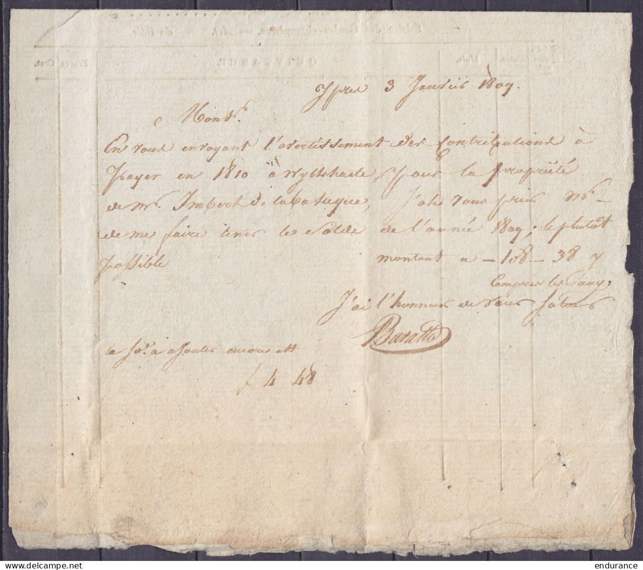 L. "Recouvrement Des Contributions Directes" Datée 1 Janvier 1810 De WYTSCHAETE Pour GAND - Griffe "91/ YPRES" - 1794-1814 (Période Française)