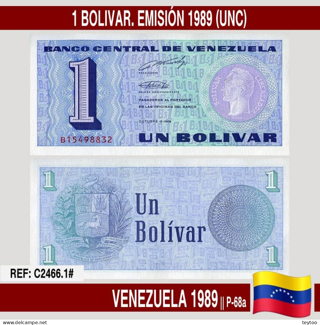 C2466.1# Venezuela 1989. 1 Bolívar. Emisión De 1989 (UNC) P-68a - Venezuela