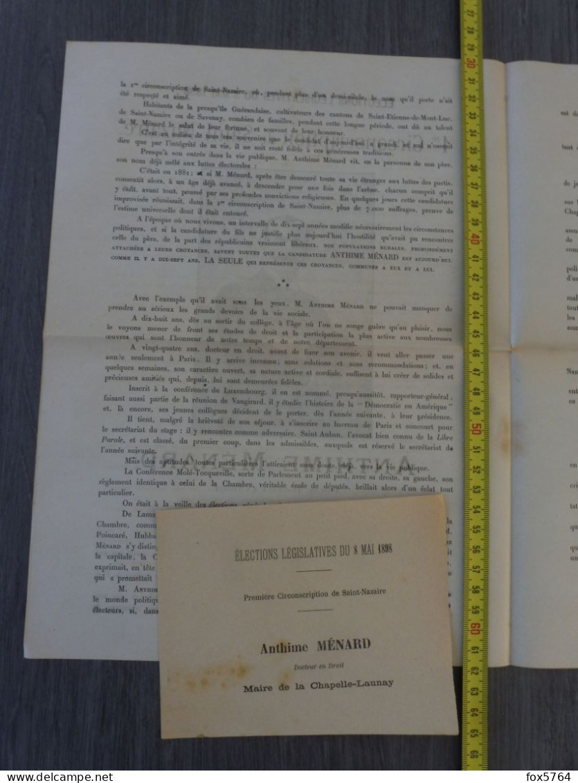 LOT ELECTIONS LEGISLATIVES / NANTES SAINT-NAZAIRE / LOIRE-ATLANTIQUE / A. MENARD / ORIGINAL 1898 - Other & Unclassified