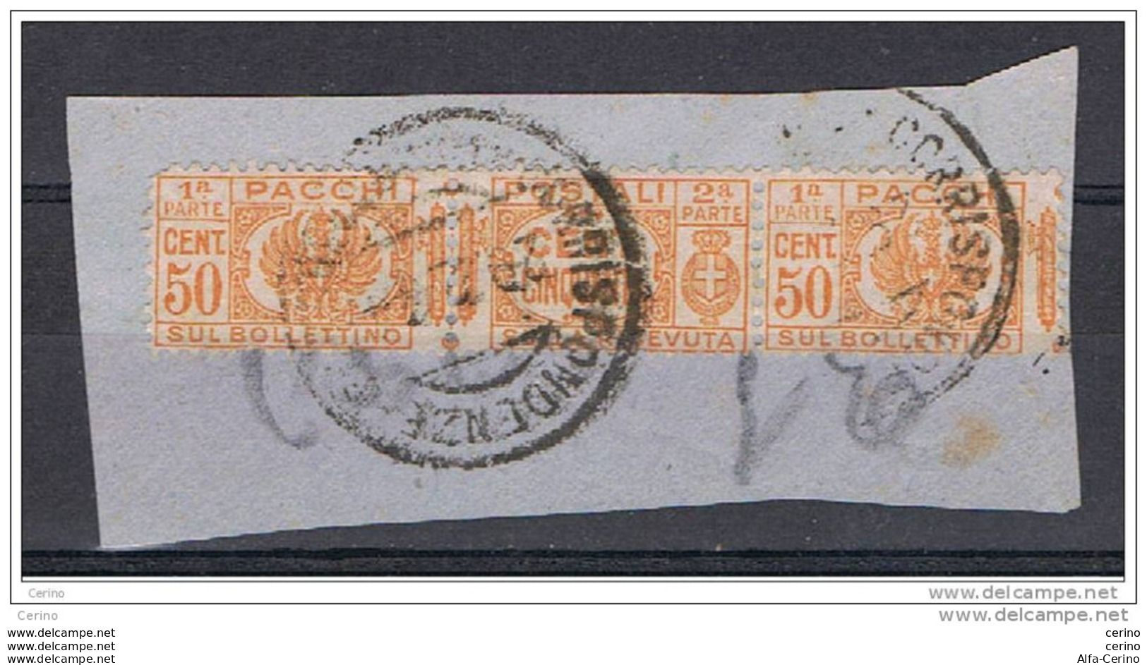 REGNO:   EMERGENZA  -  1927/32   PACCHI  POSTALI  -  50 C.+ META'  SX.  ARANCIO  SU  FRAMMENTO  -  SASS. 28 - Paquetes Postales