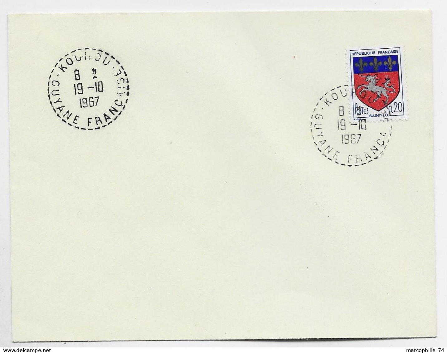 BLASON 20C ST LO LETTRE NON VOYAGEE C. PERLE KOUROU 19.10.1967 GUYANE FRANCAISE - 1941-66 Wappen