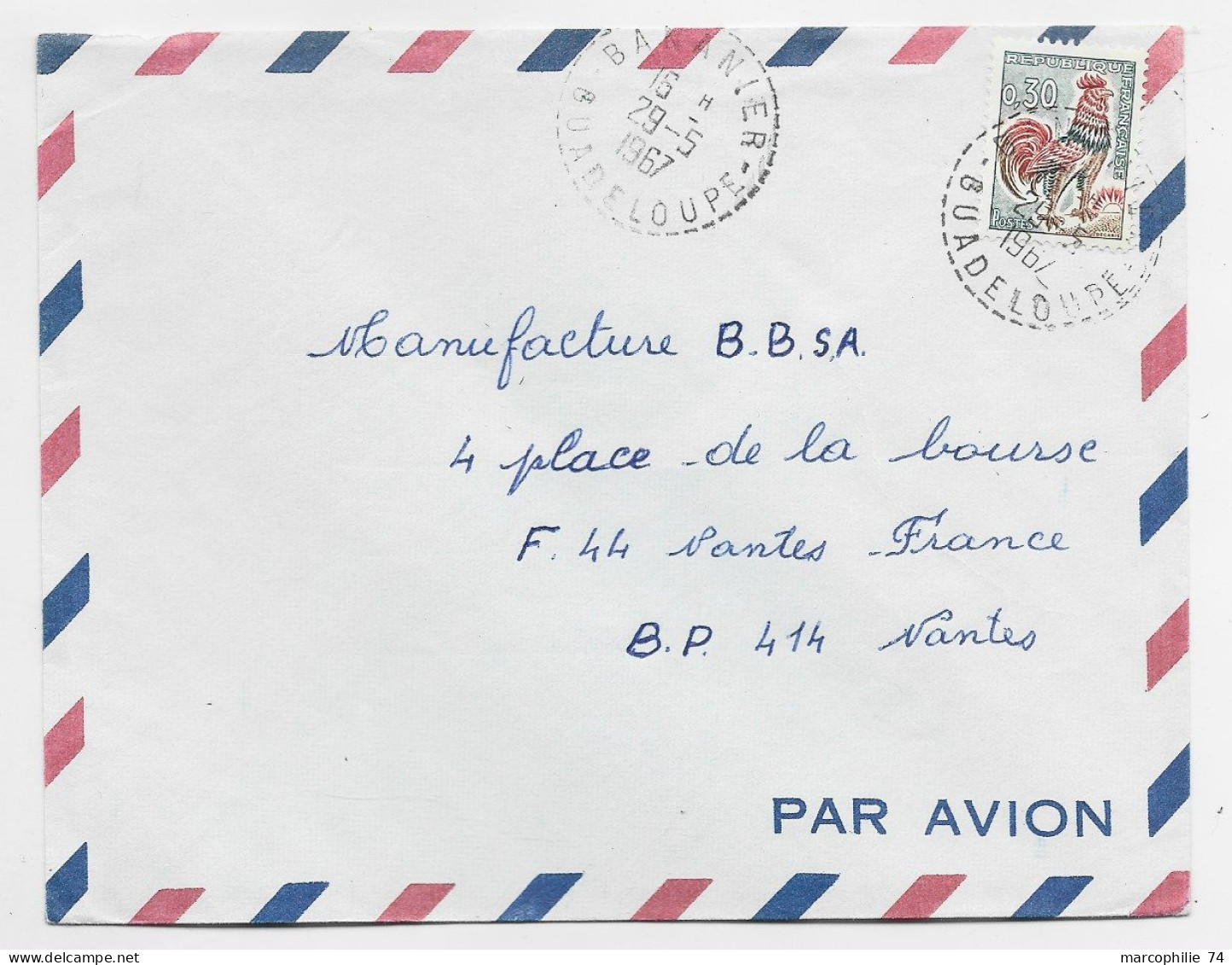 COQ DECARIS 30C LETTRE AVION C. PERLE BANANIER 29.5.1967 GUADELOUPE - 1962-1965 Cock Of Decaris