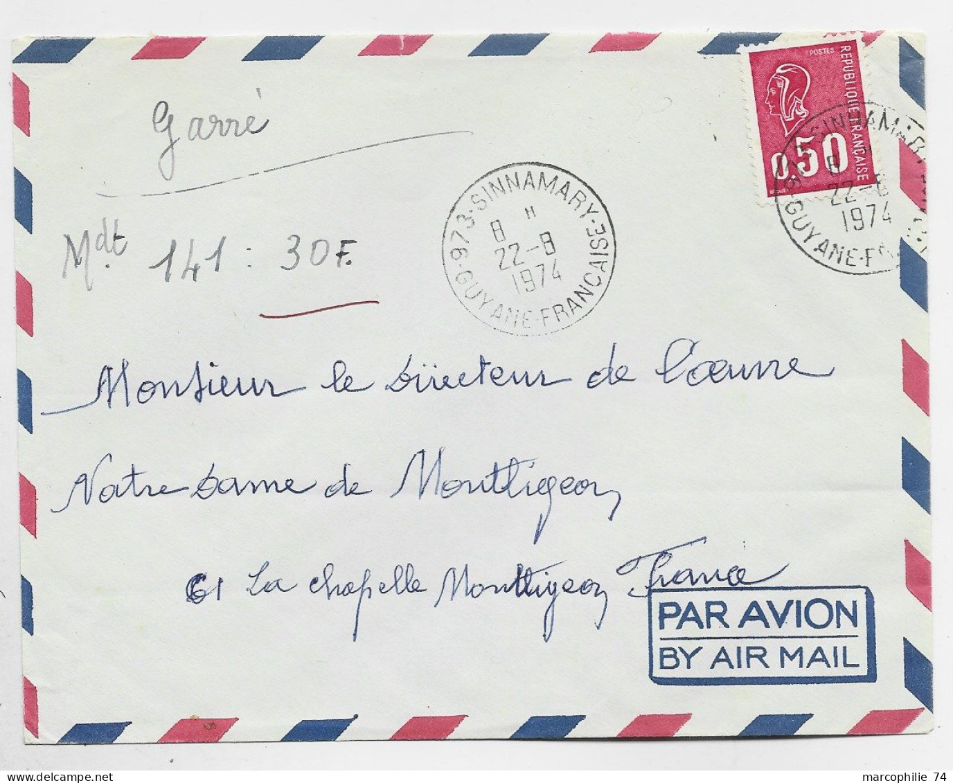 BEQUET 50C  LETTRE AVION 973 SINNAMARY 22.8.1974 GUYANE FRANCAISE - 1971-1976 Maríanne De Béquet