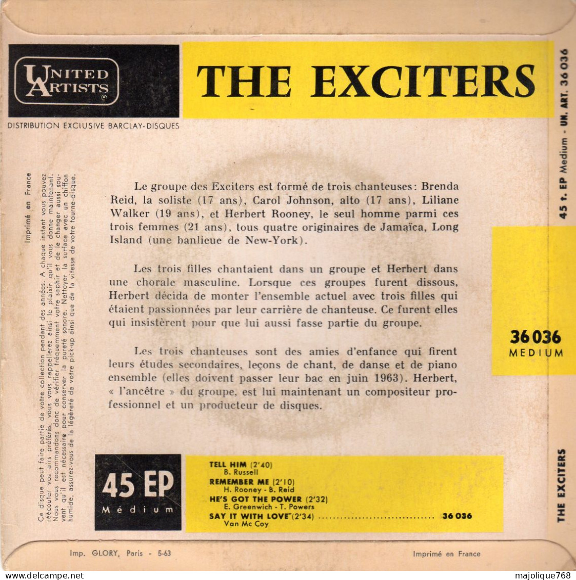 Disque The Exciters - Tell Him ( Dis Lui ) United Artists 36060 M - France 1963 - Soul - R&B