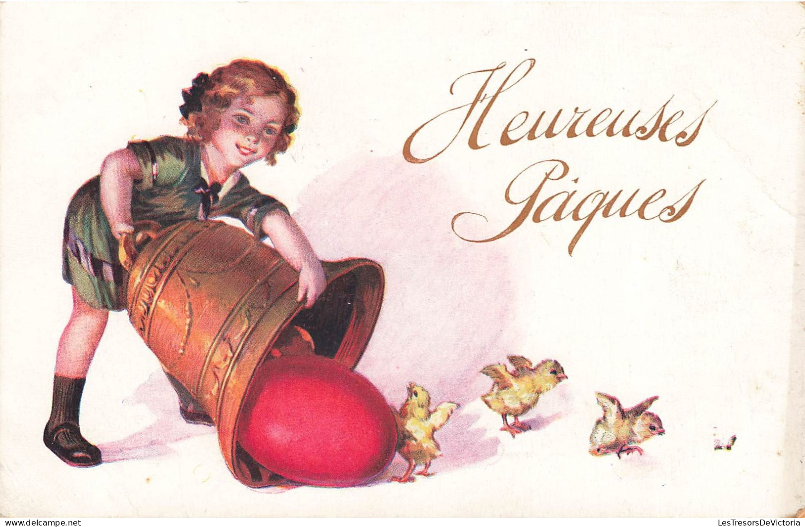 FÊTES - VŒUX - Heureuses Pâques - Petite Fille - Cloche - Poussins - œuf - Carte Postale Ancienne - Easter