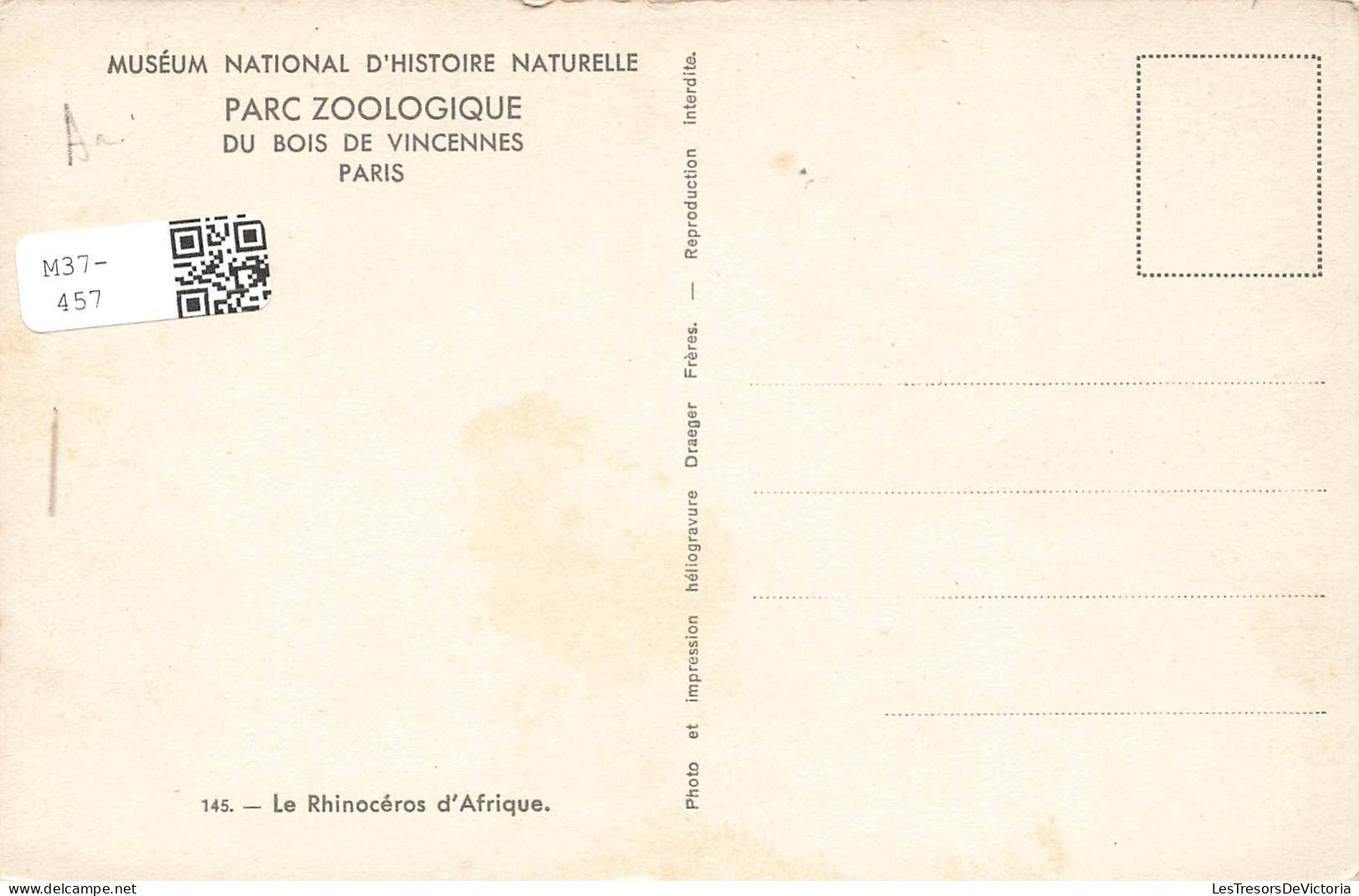 FRANCE - Paris - Parc Zoologique Du Bois De Vincennes - Le Rhinocéros D'Afrique - Carte Postale Ancienne - Parken, Tuinen