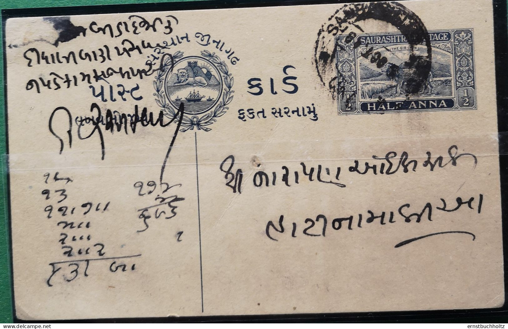 Soruth Saurashtra Postkarte 1929 Gebraucht Löwe Half Anna - Soruth