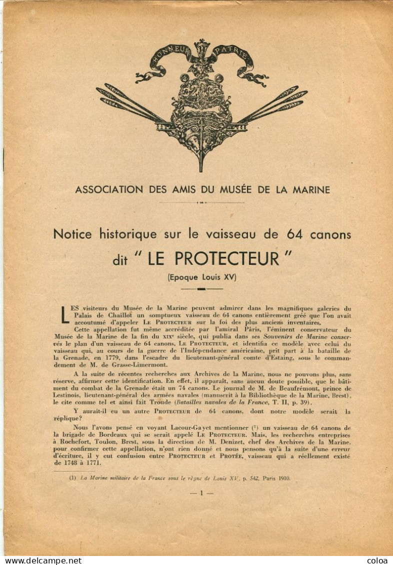 Association Des Amis Du Musée De La Marine Maquette Plans Le Protecteur Vaisseau De 64 Canons époque Louis XV - Autres Plans