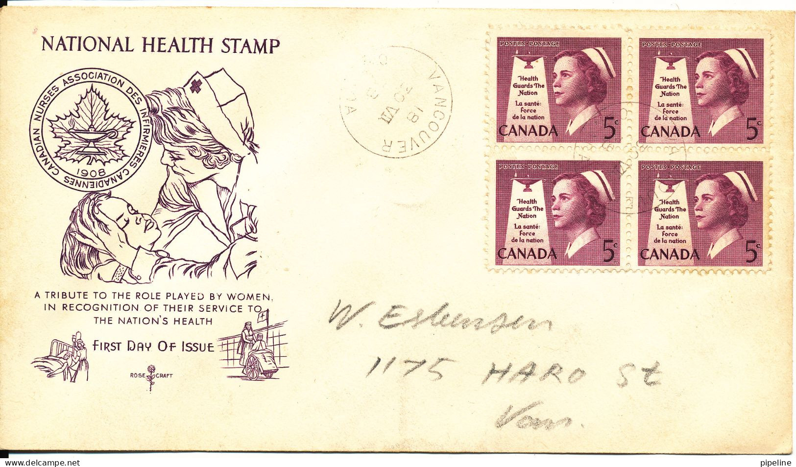 Canada FDC 30-7-1958 NATIONAL HEALTH STAMP NURSING In A Block Of 4 With Cachet - 1952-1960