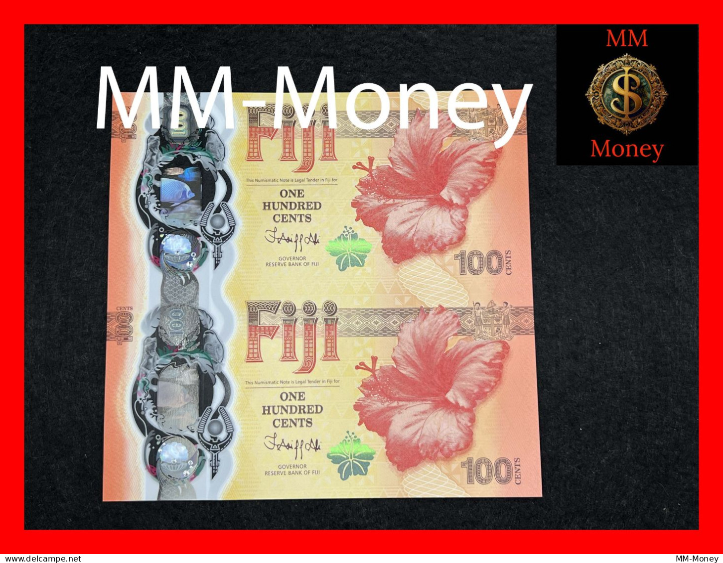 FIJI  100 Cents  2023  P. 124  *commemorative Year Of Dragon*   **polymer**  **uncut Sheet Of 2 Pcs**   UNC - Figi