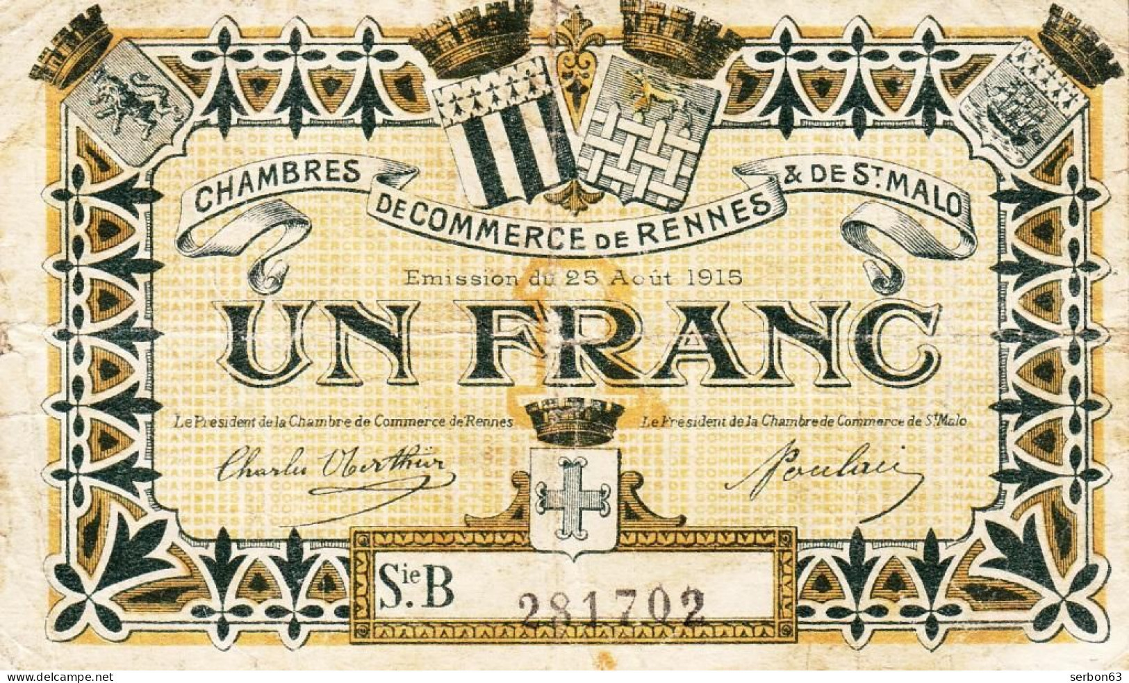 BON-BILLET-MONNAIE 1 FRANC CHAMBRE DE COMMERCE RENNES & DE SAINT-MALO DÉPARTEMENT ILLE & VILAINE 35 - N°281702 SÉRIE B - Chambre De Commerce