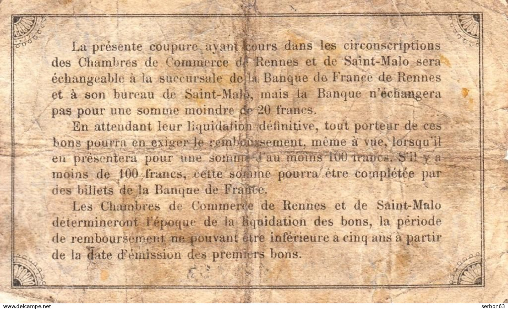 BON-BILLET-MONNAIE 1 FRANC CHAMBRE DE COMMERCE RENNES & DE SAINT-MALO DÉPARTEMENT ILLE & VILAINE 35 - N°281702 SÉRIE B - Chambre De Commerce