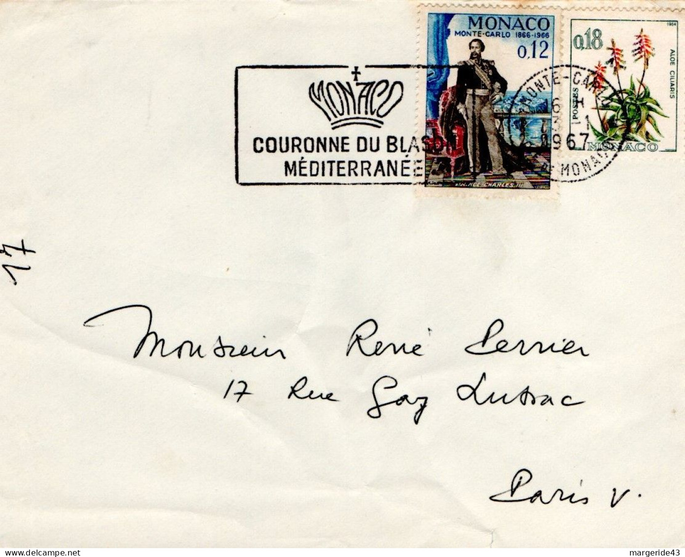 MONACO AFFRANCHISSEMENT COMPOSE SUR DEVANT DE LETTRE POUR LA FRANCE 1967 - Covers & Documents