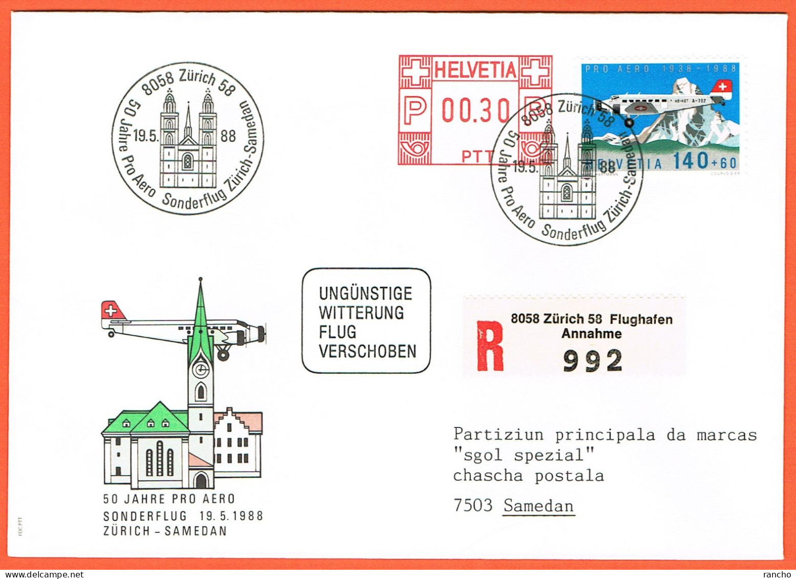 VOL SPECIAL RECOMMANDE . ZÜRICH Pour SAMEDAN OBLITERE .19.5.1988.  C/.S.B.K. Nr:F49.+00.30. MICHEL Nr:1369. - Sonstige & Ohne Zuordnung