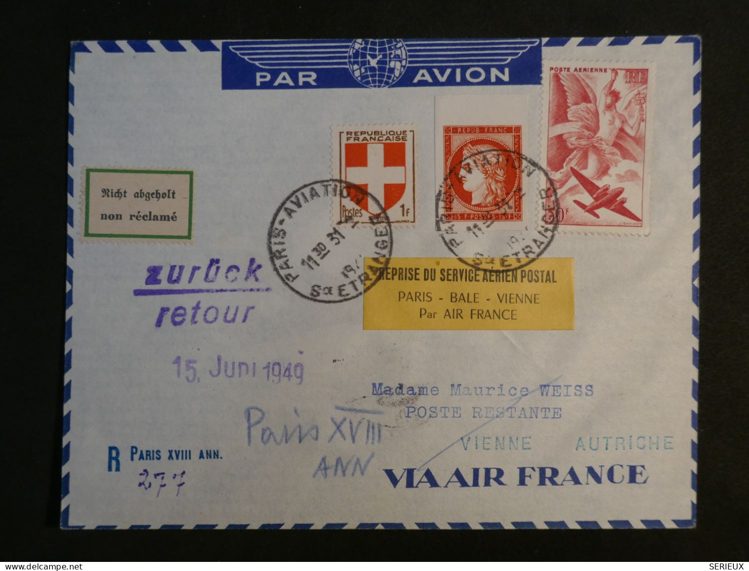 DI 9 FRANCE   BELLE LETTRE  REPRISE DU SERVICE AERIEN ASSEZ RARE 1931  PARIS  A WIEN RETOUR 1949  ++ AFF. INTERESSANT+++ - 1927-1959 Brieven & Documenten