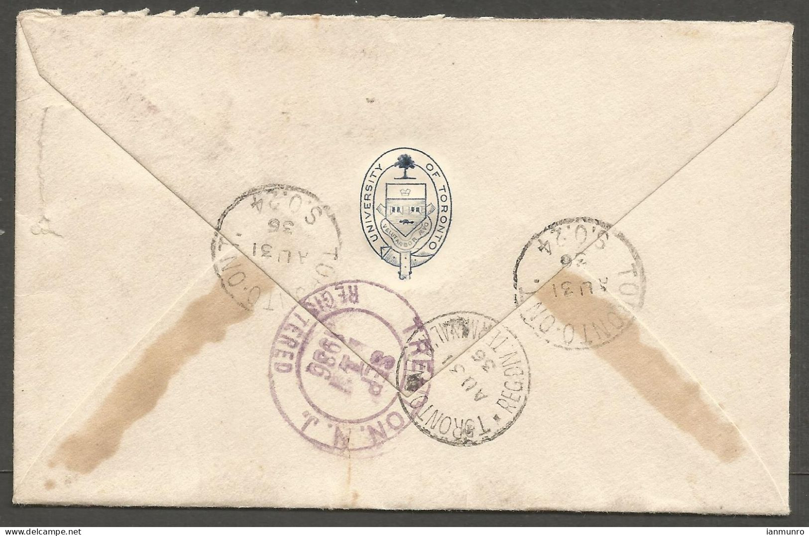 1936 University Of Toronto Registered Airmail Cover 16c Cartier/Pictorials CDS - Postgeschiedenis