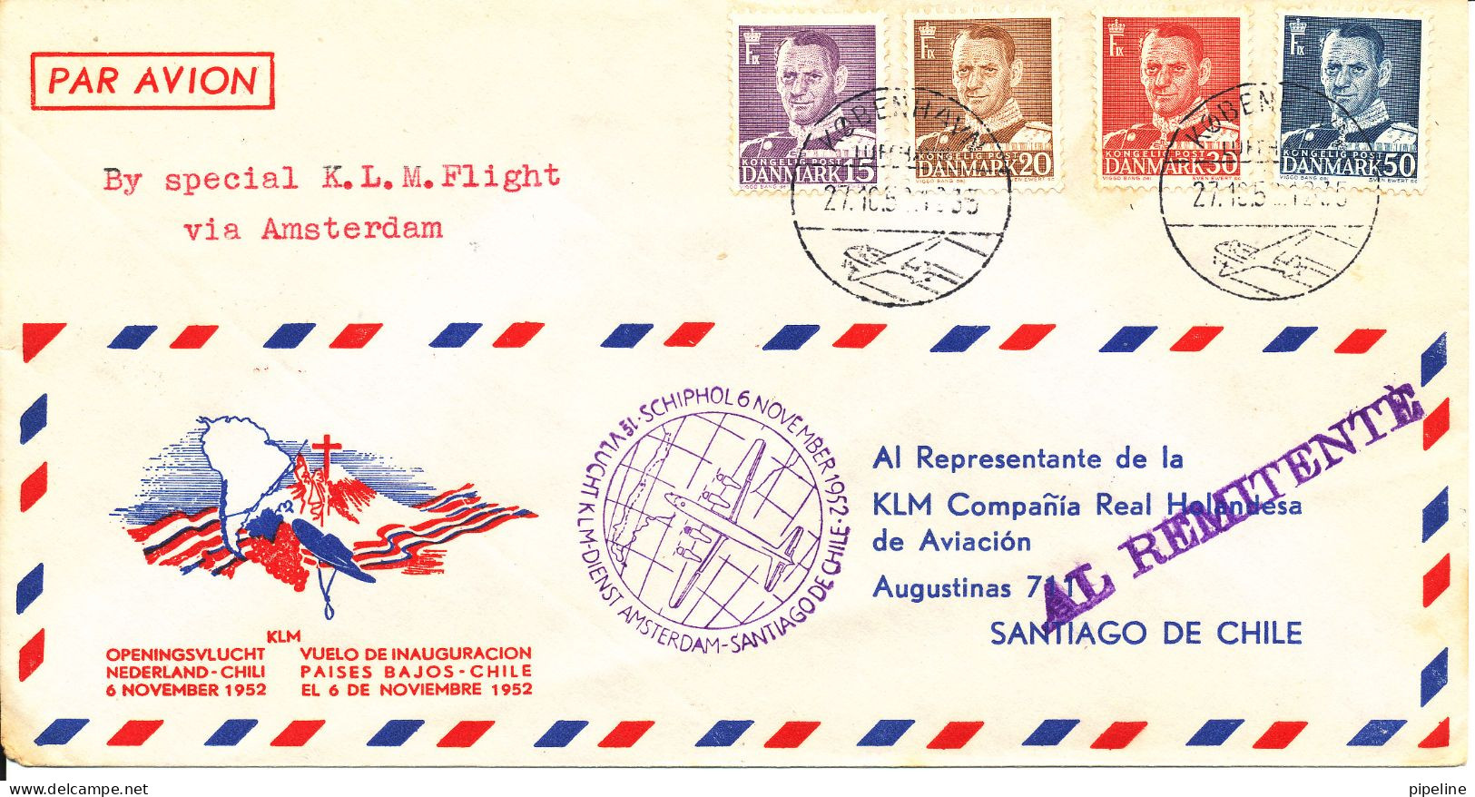 Denmark Copenhagen 27-10-1952 First KLM Flight Cover Amsterdam - Santiago De Chile 6-11-1952 - Covers & Documents