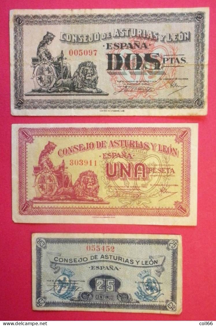 1936-37 Lot De 3 Billets Monnaie Locale Consejo De Asturias Y Léon 2 Pesetas 1 Peseta 25 Centimos Dos Scanné - Sonstige & Ohne Zuordnung