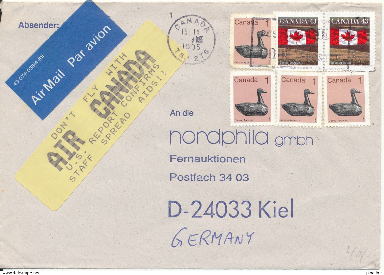 Canada Cover Sent To Germany 15-9-1995 Topic Stamps (see The Yellow Label On The Cover) - Lettres & Documents