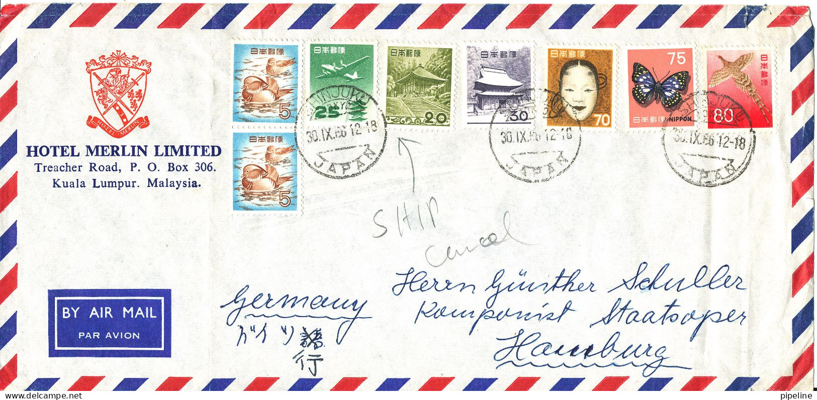 Japan Air Mail Cover Sent To Germany Shinjuko 30-9-1966 (ship Cancel ??) (the Cover Is Light Folded) - Airmail
