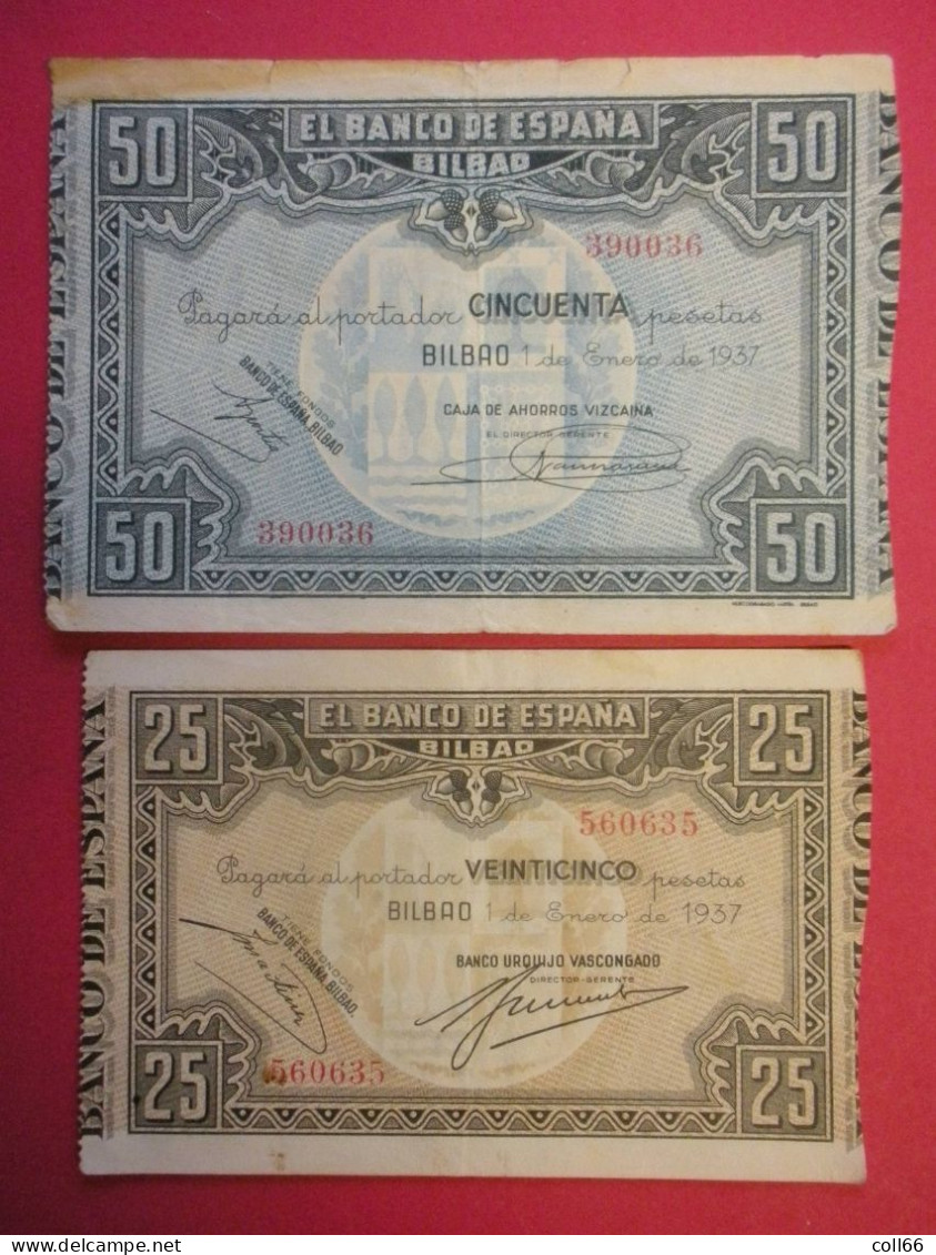 1937 Lot De 2 Billetes El Banco De Espana Bilbao Locale 50 & 25 Pesetas Dos Scanné - Andere & Zonder Classificatie