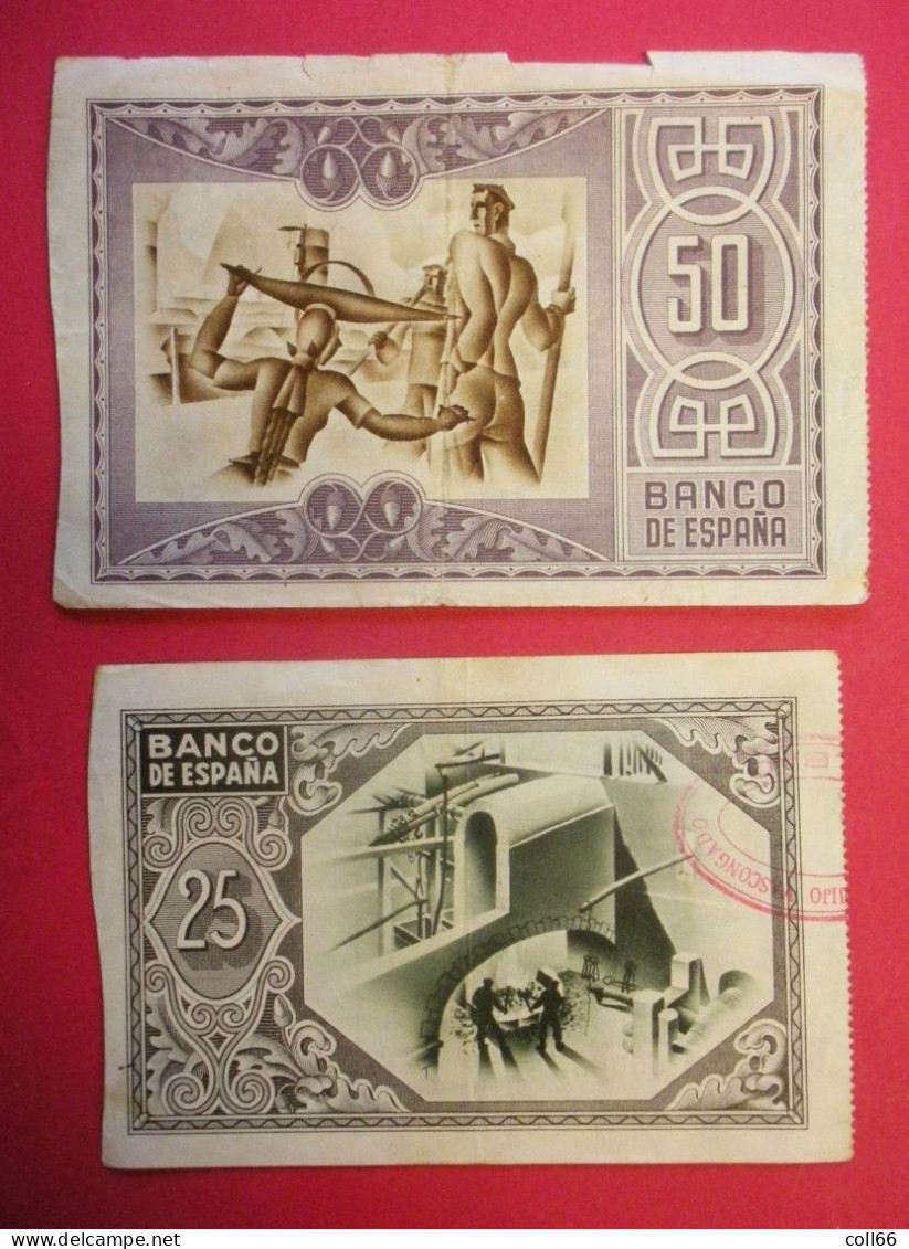 1937 Lot De 2 Billetes El Banco De Espana Bilbao Locale 50 & 25 Pesetas Dos Scanné - Andere & Zonder Classificatie