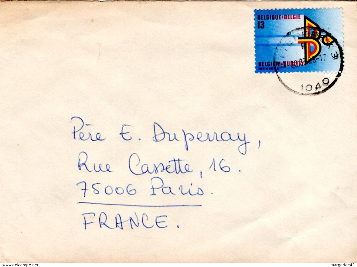 BELGIQUE SEUL SUR LETTRE POUR LA FRANCE 1988 - Cartas & Documentos