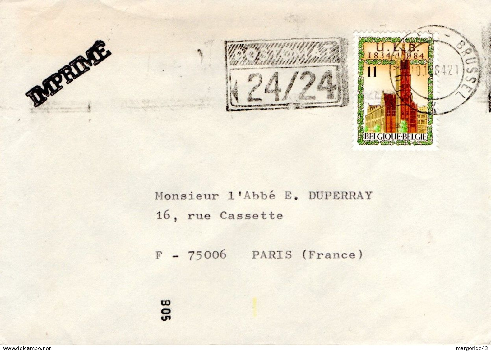 BELGIQUE SEUL SUR LETTRE POUR LA FRANCE 1984 - Covers & Documents
