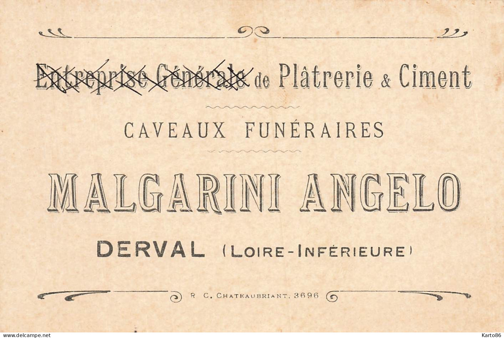 Derval * Entreprise Générale De Plâtrerie & Ciment Caveaux Funéraires MALGARINI ANGELO * Carte De Visite Ancienne - Derval