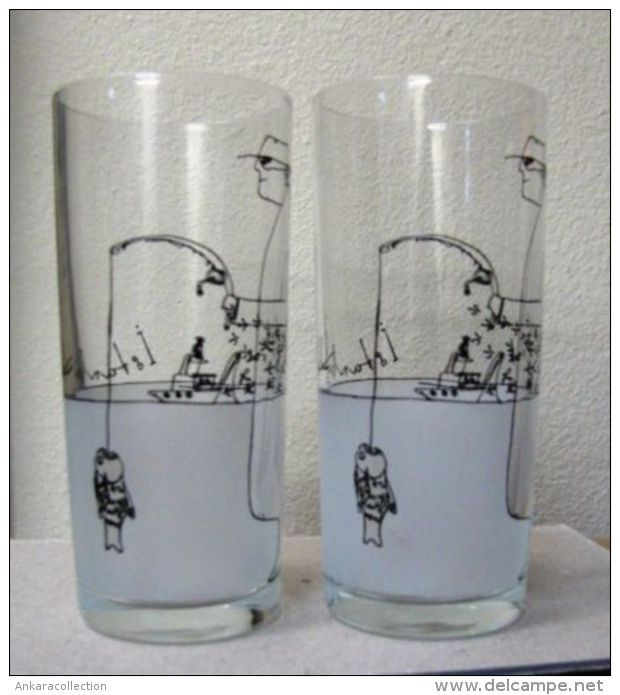 AC - RAKI GLASS - PAIR IN BOX ISTANBUL CARTOONIST, CARICATURIST BEHIC AK - Beer