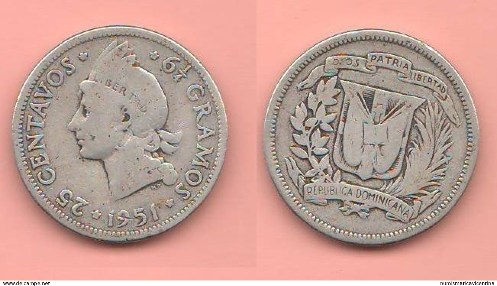25 Centavos 1951 Gramos 6 1/4 Dominicaine Dominicana Domenicana Republica Silver Coin - Dominicaine