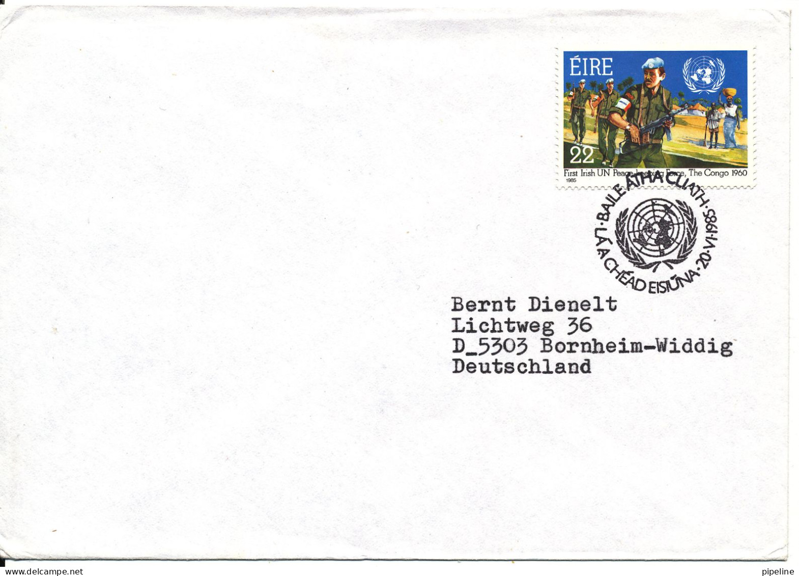 Ireland Cover FDC ?? 20-6-1985 Postmark Irish UN Peace Keeping Force The Congo 1960 Sent To Germany - FDC