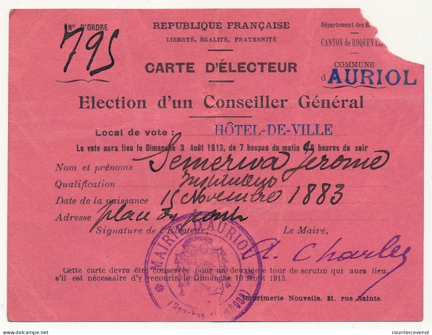 FRANCE - Mairie D'AURIOL (B Du R) - 3 Cartes D'électeur 1912,1913,1914 élection D'un Député Et D'un Conseiller Général - Historical Documents