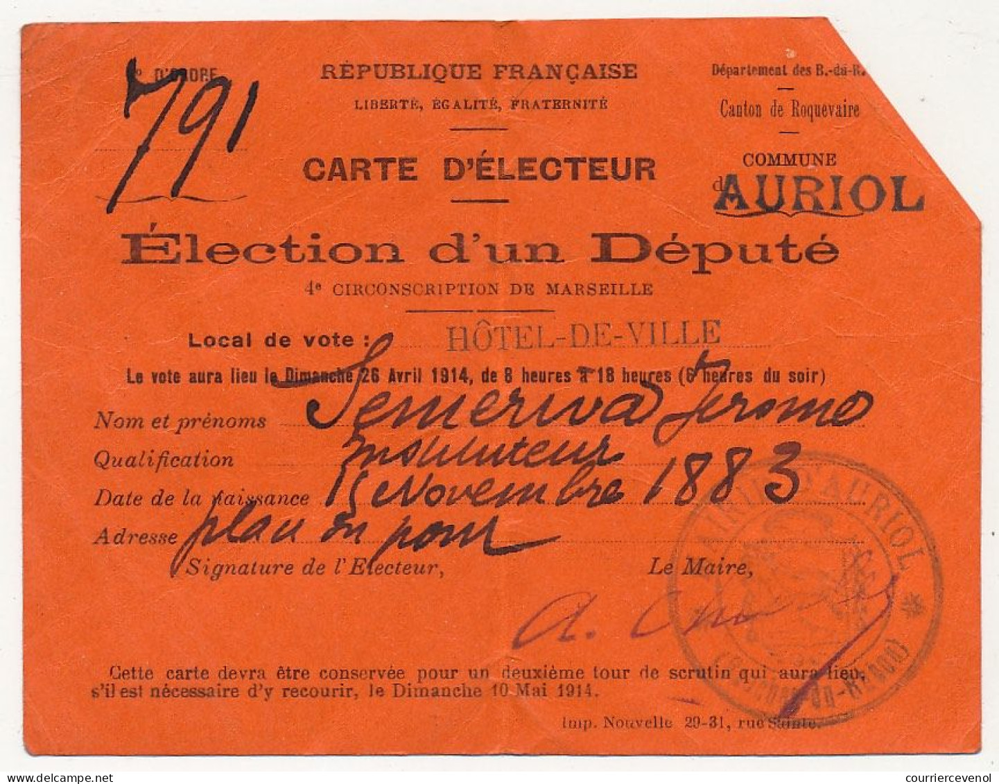 FRANCE - Mairie D'AURIOL (B Du R) - 3 Cartes D'électeur 1912,1913,1914 élection D'un Député Et D'un Conseiller Général - Documents Historiques