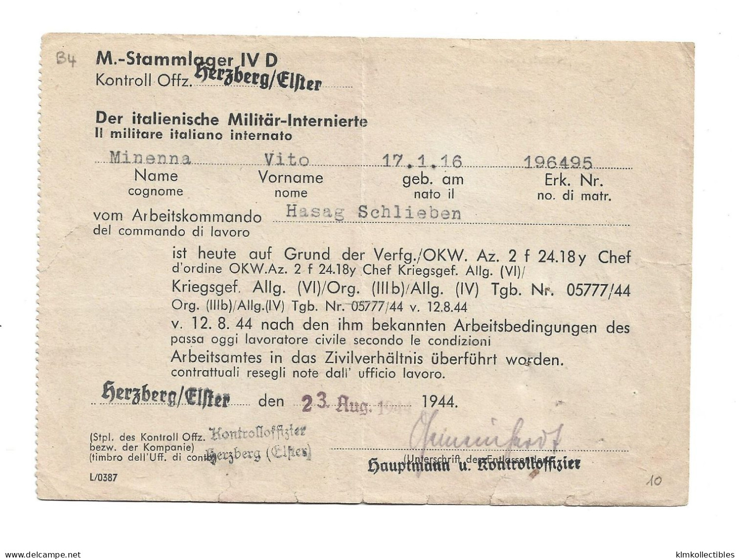 GERMANY DEUTSCHLAND ITALY ITALIA HERZBERG POW STAMMLAGER KRIEGSGEFANGENEN PRIGIONIERI DI GUERRA CENSORED CENSURE GEPRÜFT - Prisoners Of War Mail