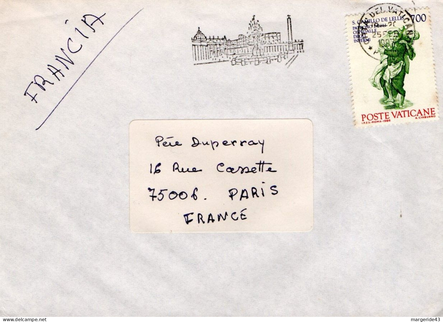 VATICAN SEUL SUR LETTRE POUR LA FRANCE 1987 - Briefe U. Dokumente