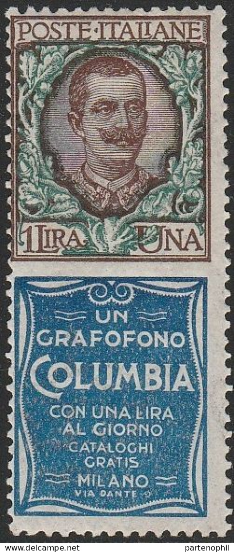 170 Italia Regno - Pubblicitari 1924-25 - L. 1 Columbia N. 19. Cat. € 3600,00. Cert. Cilio. SPL MNH - Publicité