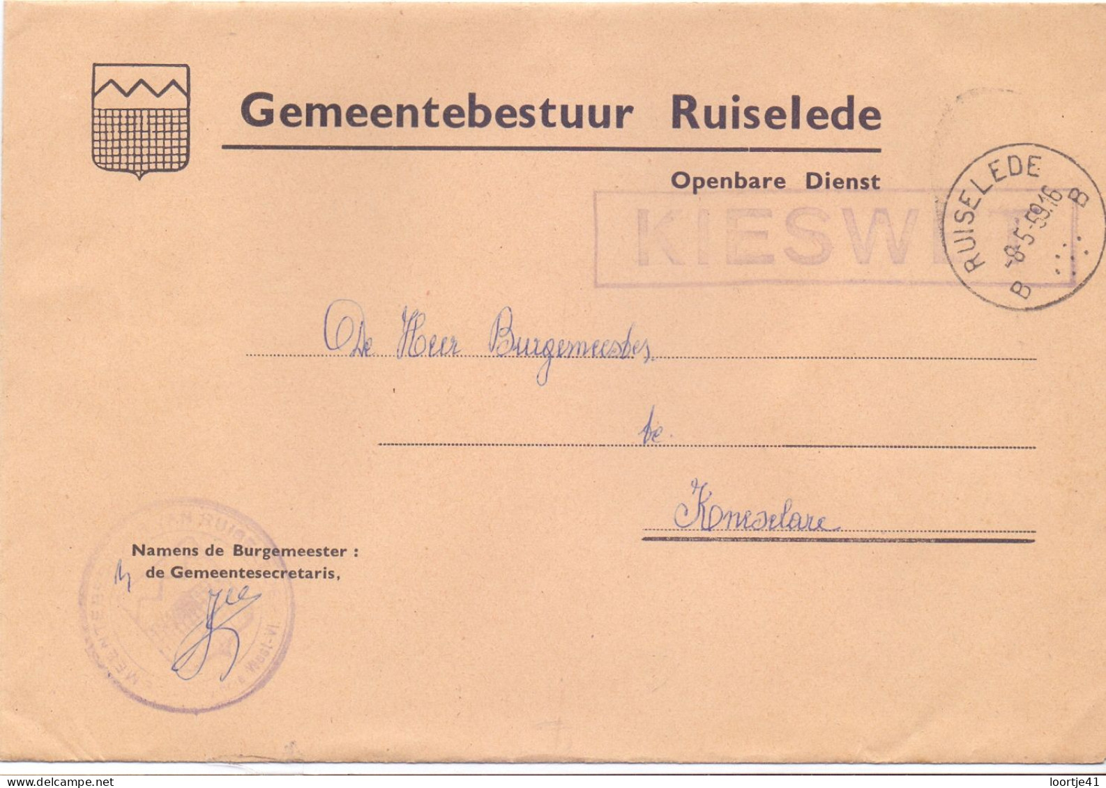 Omslag Enveloppe - Gemeentebestuur Ruiselede - 1959 - Buste