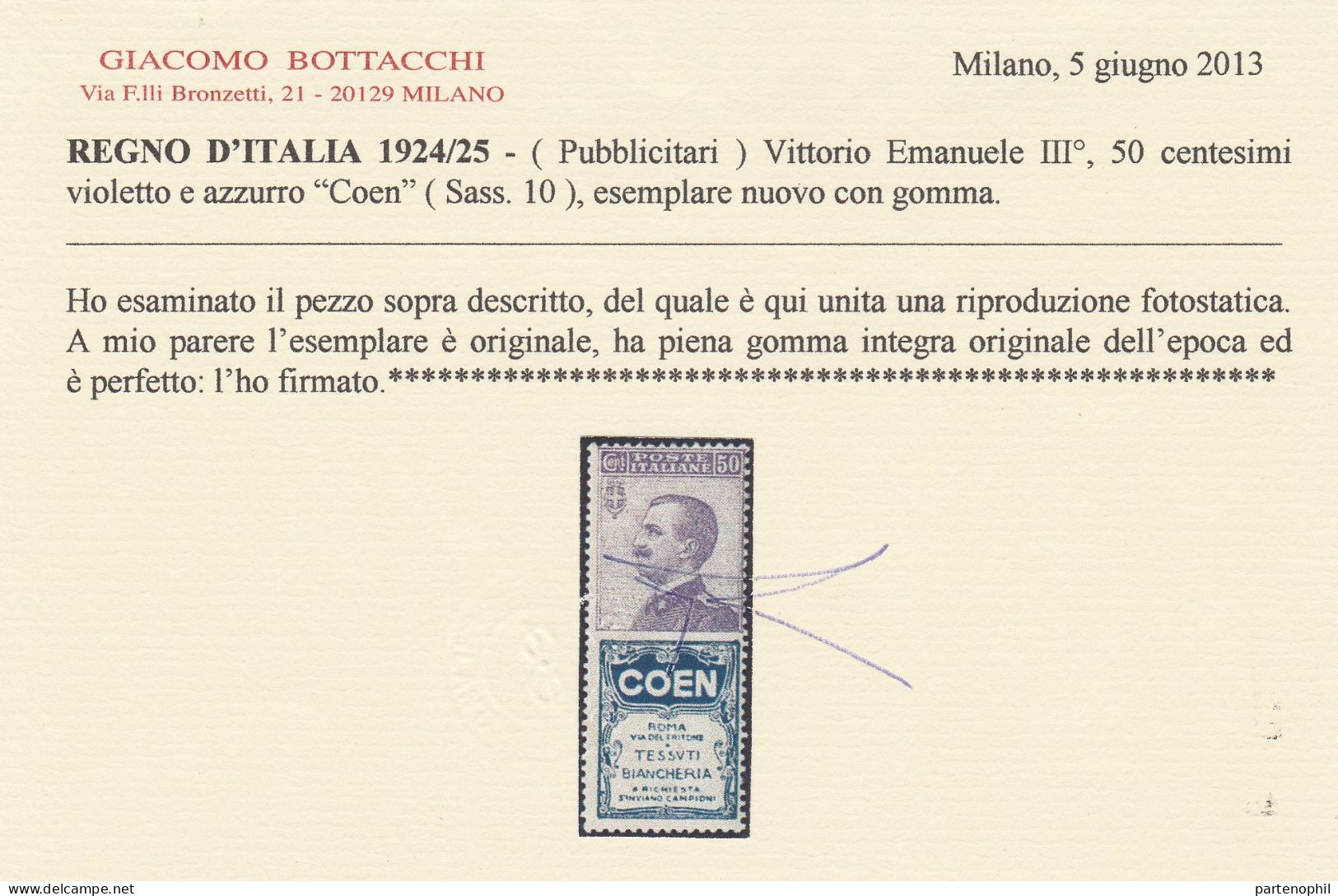 166 Italia Regno - Pubblicitari 1924-25 - 25 C. Coen N. 10. Cert. Bottacchi. Cat. € 6500,00. SPLMNH - Publicité