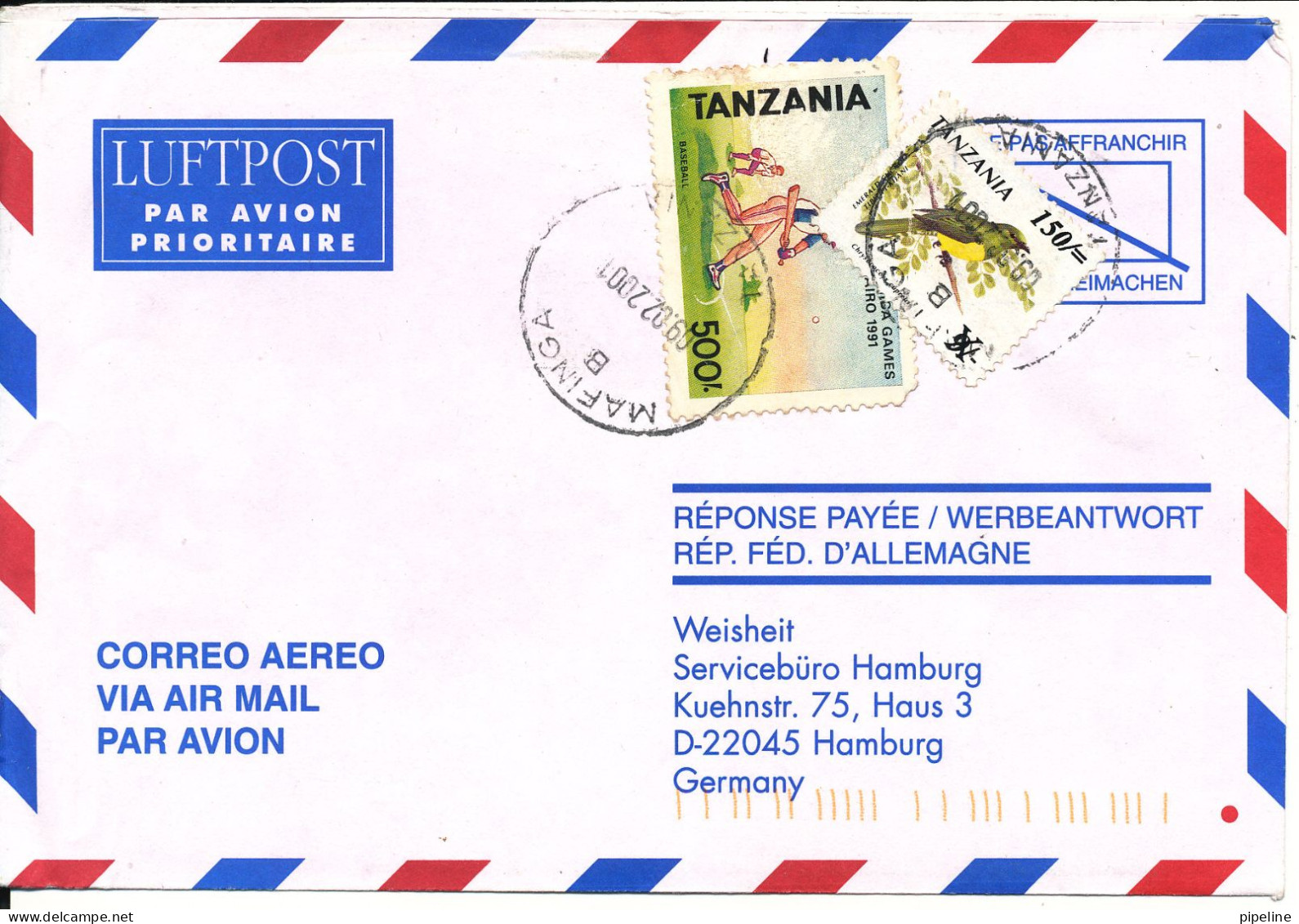 Tanzania Air Mail Cover Sent To Germany 9-2-2001 Overprinted BIRD Stamp The Other Stamp Is Damaged - Tanzanie (1964-...)