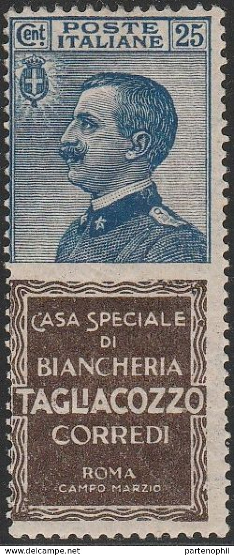 165 Italia Regno - Pubblicitari 1924-25 - 25 C. Tagliacozzo N. 8. Cert. Cilio. Cat. € 3600,00. MNH - Reklame