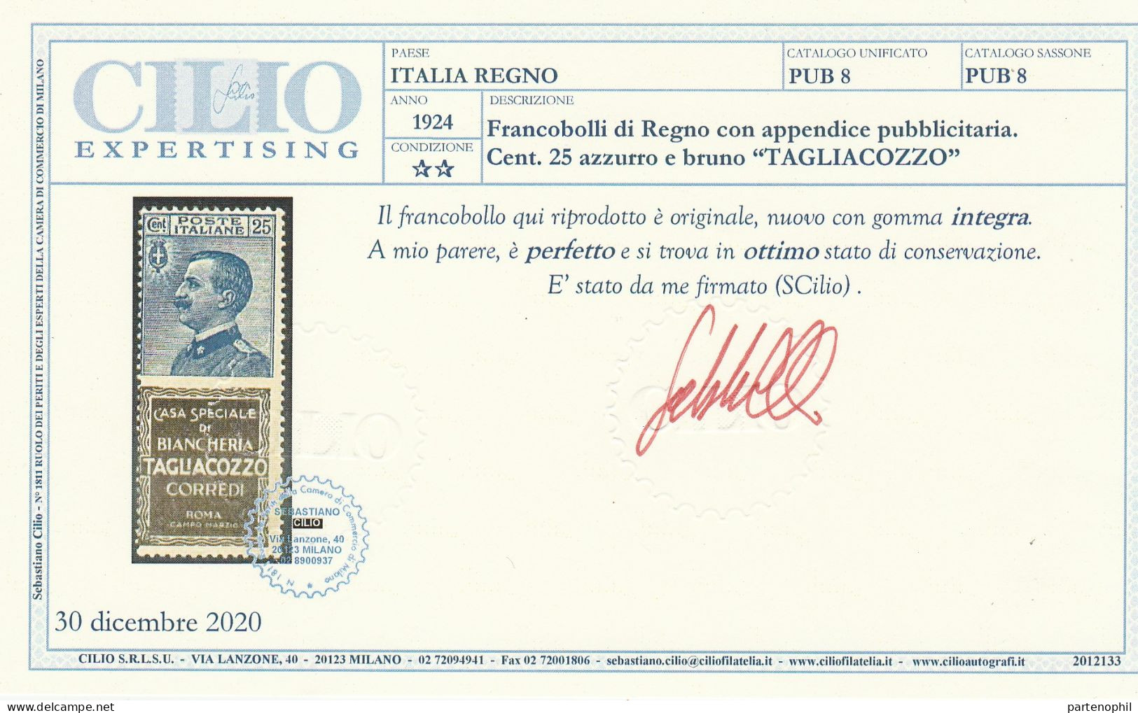 165 Italia Regno - Pubblicitari 1924-25 - 25 C. Tagliacozzo N. 8. Cert. Cilio. Cat. € 3600,00. MNH - Publicité
