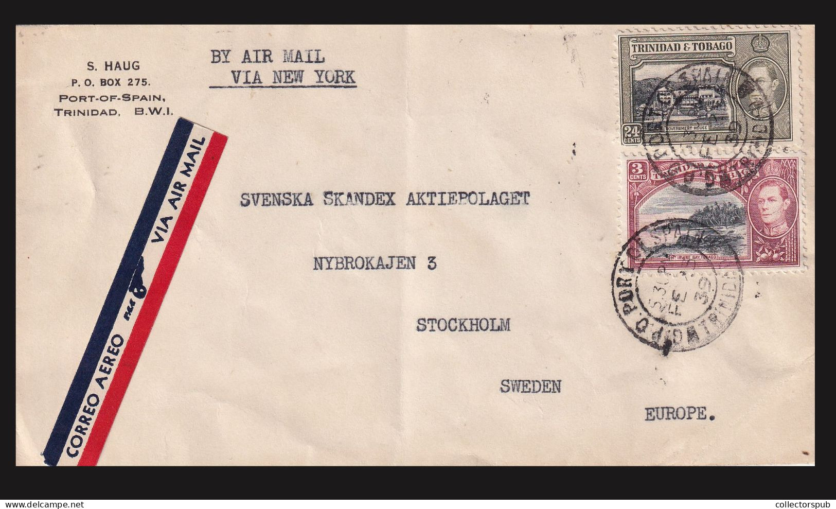 TRINIDAD & TOBAGO 1939. Nice Airmail Cover To Sweden - Trinidad & Tobago (...-1961)